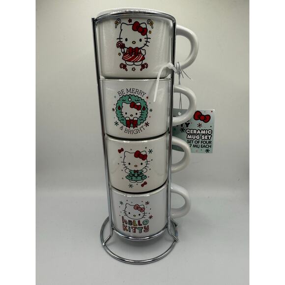 Hello Kitty Other - NEW Hello Kitty Holiday Ceramic Mug Tower Set of 4 Espresso 3oz Cups
